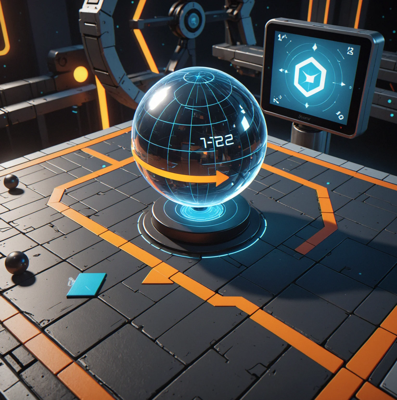 A sphere rests on a platform with a vector arrow drawn at 42 degrees pointing toward a landing zone in the distance, showing how the initial push gets applied