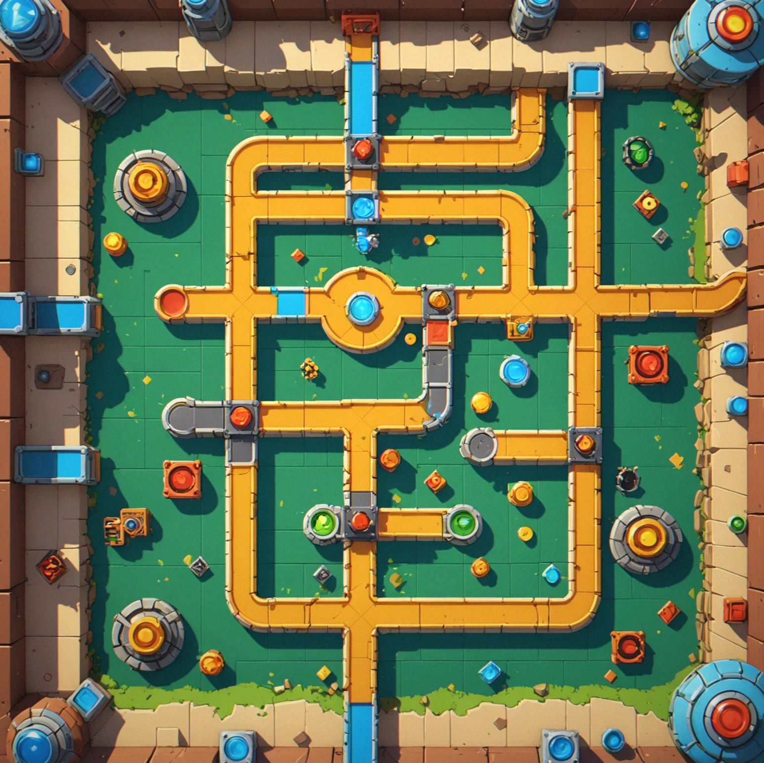 The whole level laid out in one view. Launch point, friction zone, moving platform, two overlapping fields, and the target at the end.