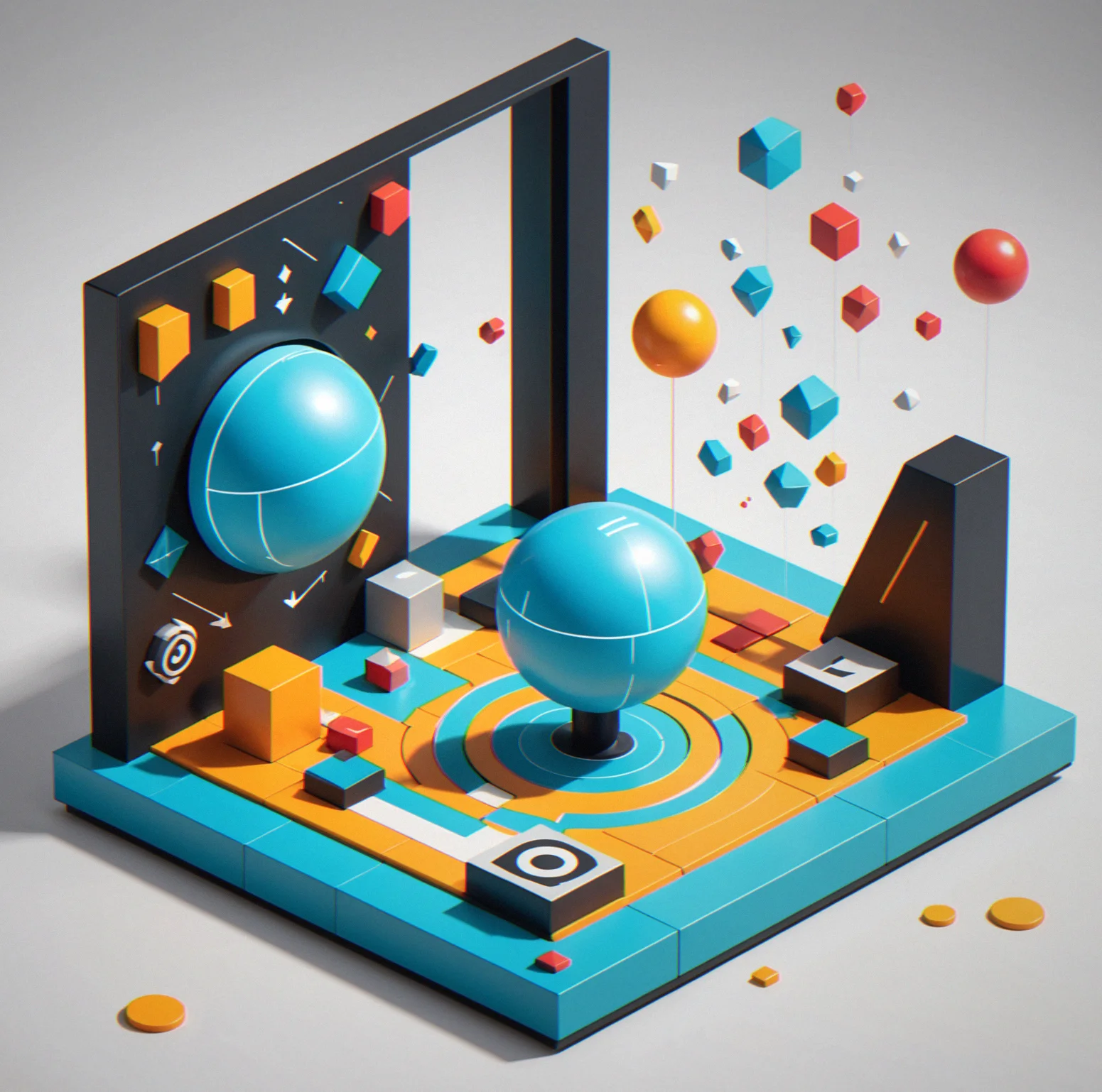 A clean minimalist interface showing a sphere on a raised platform with a drawn vector arrow at 38 degrees pointing toward a floating target cube across empty space