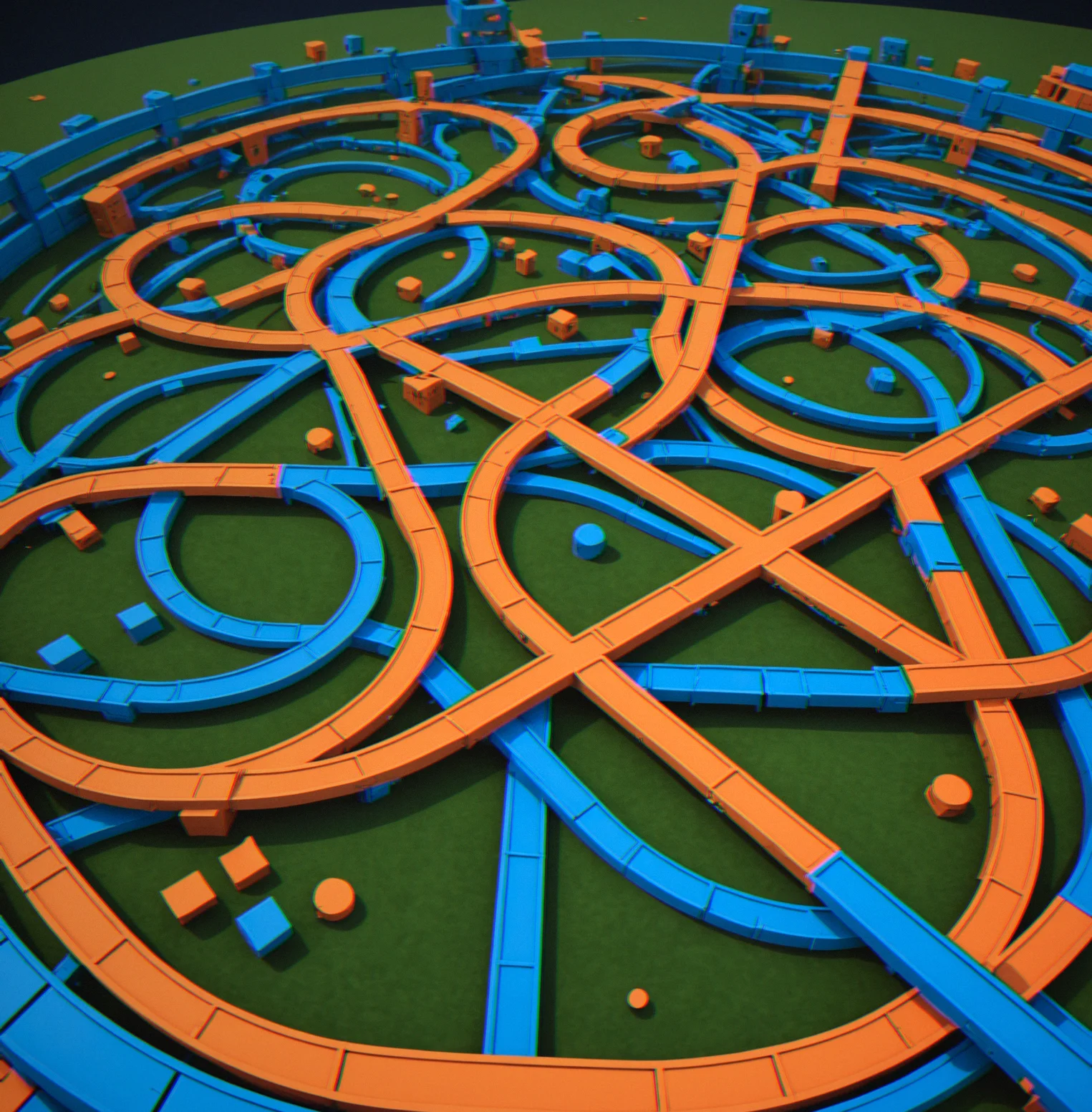 Multiple overlapping force fields rendered in blue and orange zones with curved trajectory lines showing how a single applied vector curves and bends through each field region