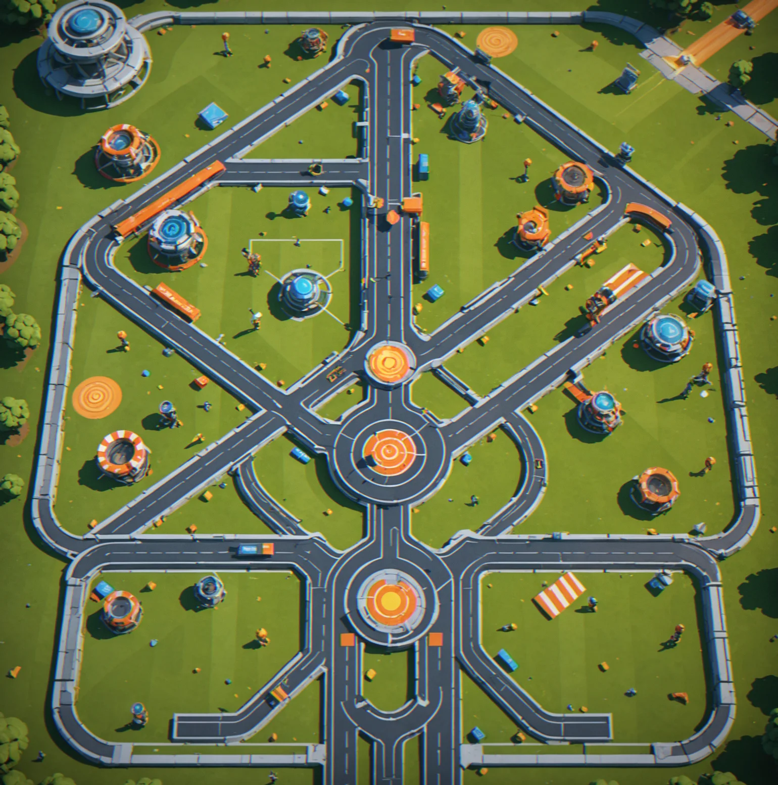 A complete obstacle course map showing seven sequential zones: launch area, friction chamber, inclined ramp section, moving platform, two overlapping fields and final target landing pad