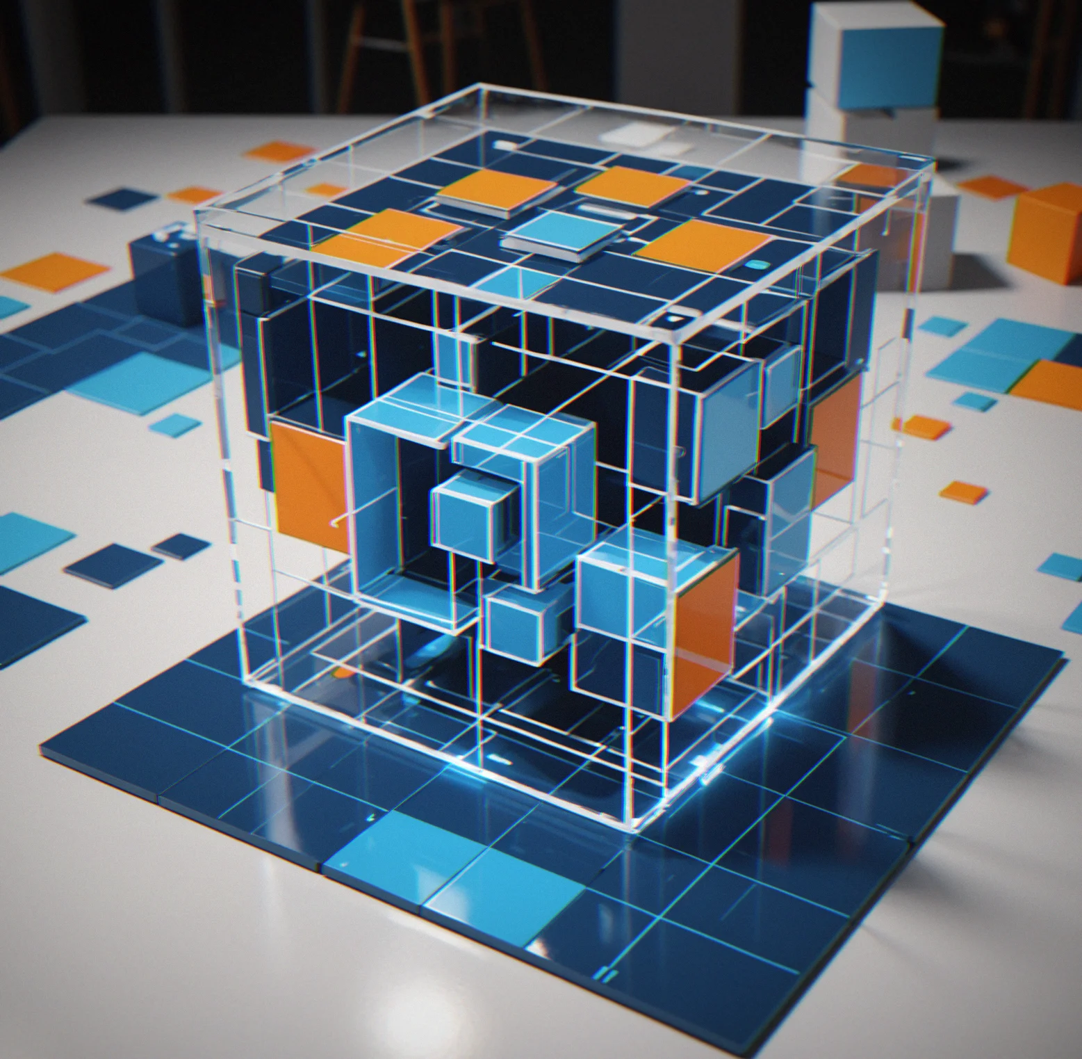 Multiple force vectors intersecting above a cube navigating through a friction zone marked in translucent blue
