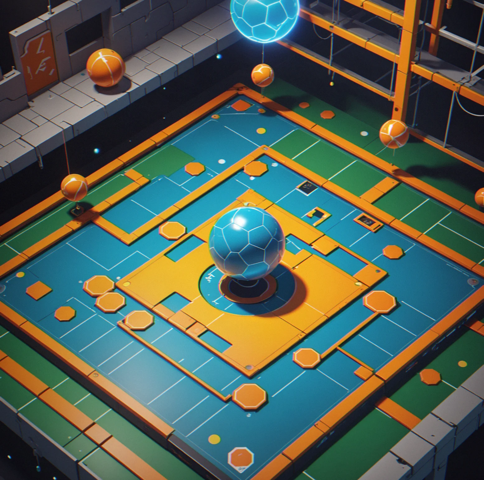 A moving platform shifts horizontally while a ball suspended above it by drawn vectors attempts to land precisely on its center