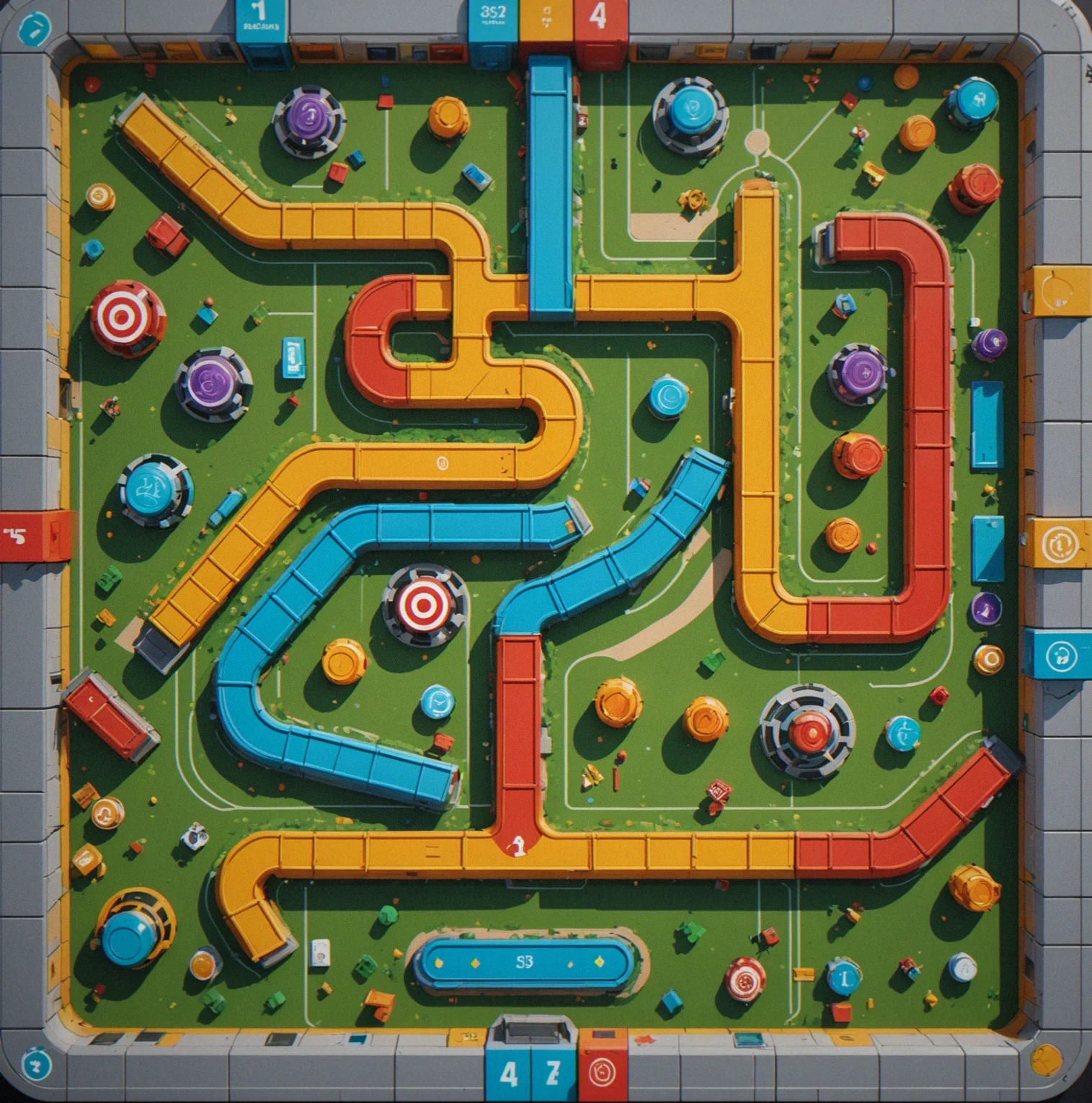 A complete obstacle course layout showing five distinct zones: launch area, friction chamber, moving platform section, force field region, and target landing spot