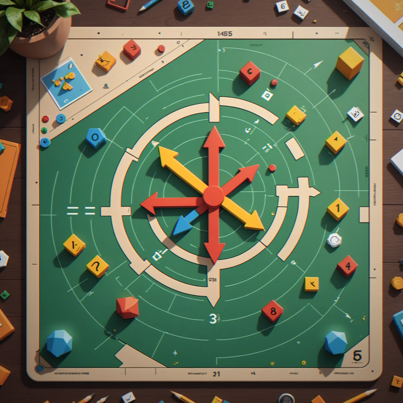 Vector arrow drawn at an angle toward a floating object on a minimalist game board